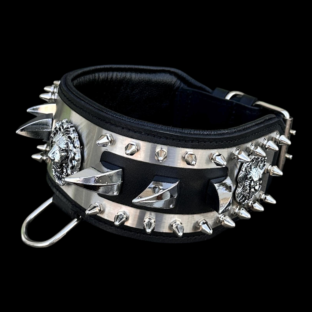 A&C Dog Collars marka, aslan figürlü paslanmaz çelik plakalı ve çivili detaylara sahip el yapımı siyah deri köpek tasması.