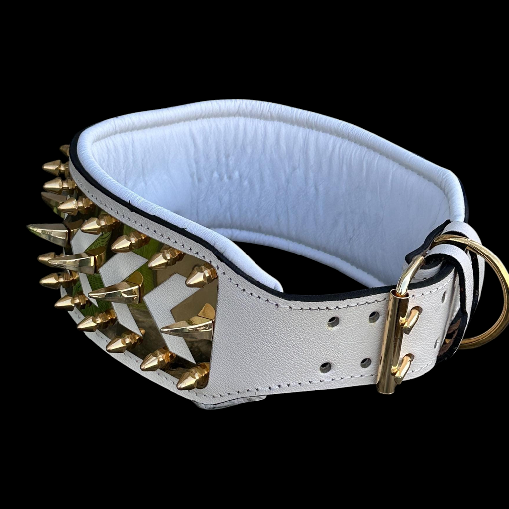 White buffalo leather spiked dog collar with gold Punisher emblem, handmade luxury design, featuring metal spikes and buckle closure.