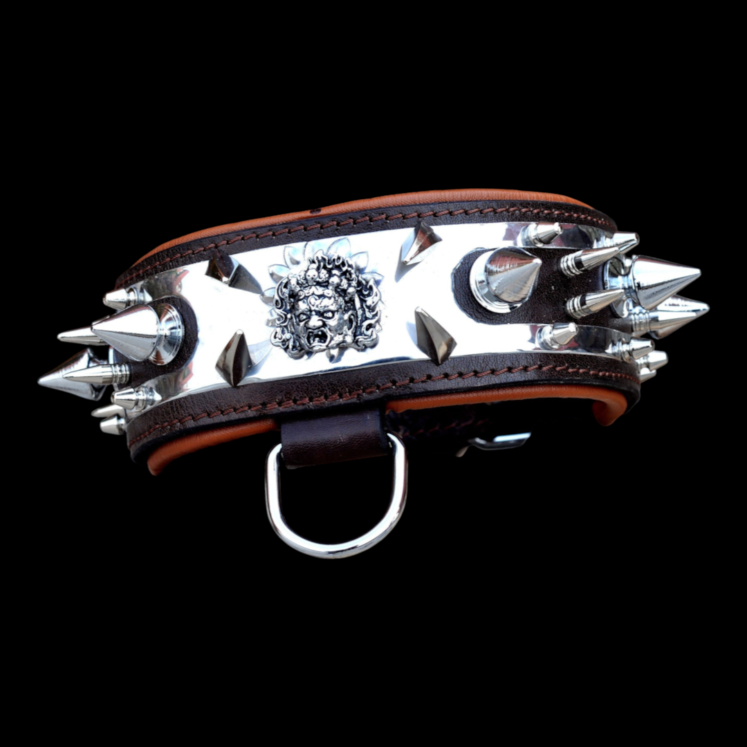 A&C Dog Collars el yapımı, Medusa figürlü, çelik plakalı ve krom çivili geniş kahverengi manda derisi köpek tasması.