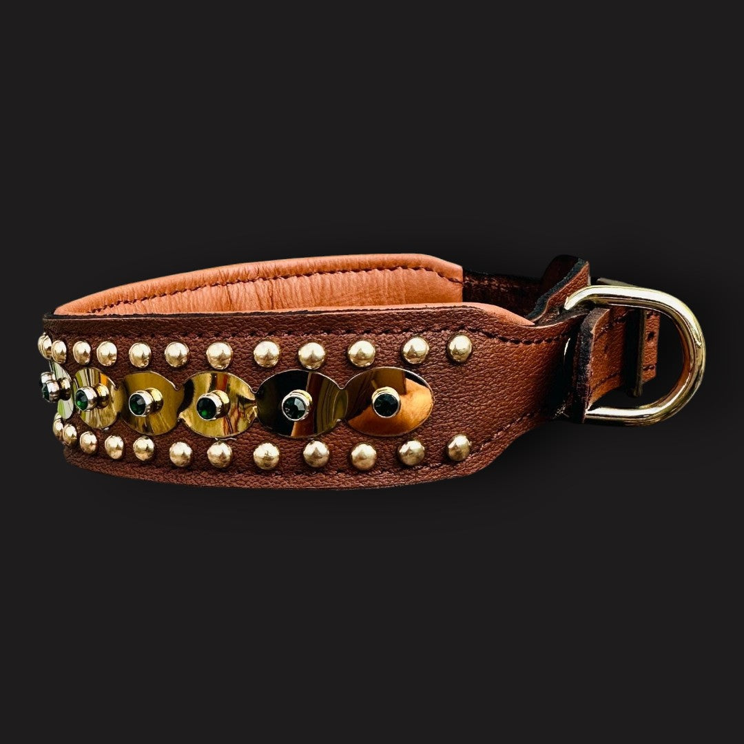 Handmade tan leather dog collar with gold plate, crystal accents, and custom laser-engraved name from A&C Dog Collars.