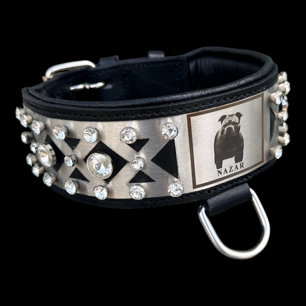 A&C Dog Collars marka, kristal taşlı ve lazer kazımalı fotoğraflı, siyah dolgulu manda derisi büyük ırk köpek tasması