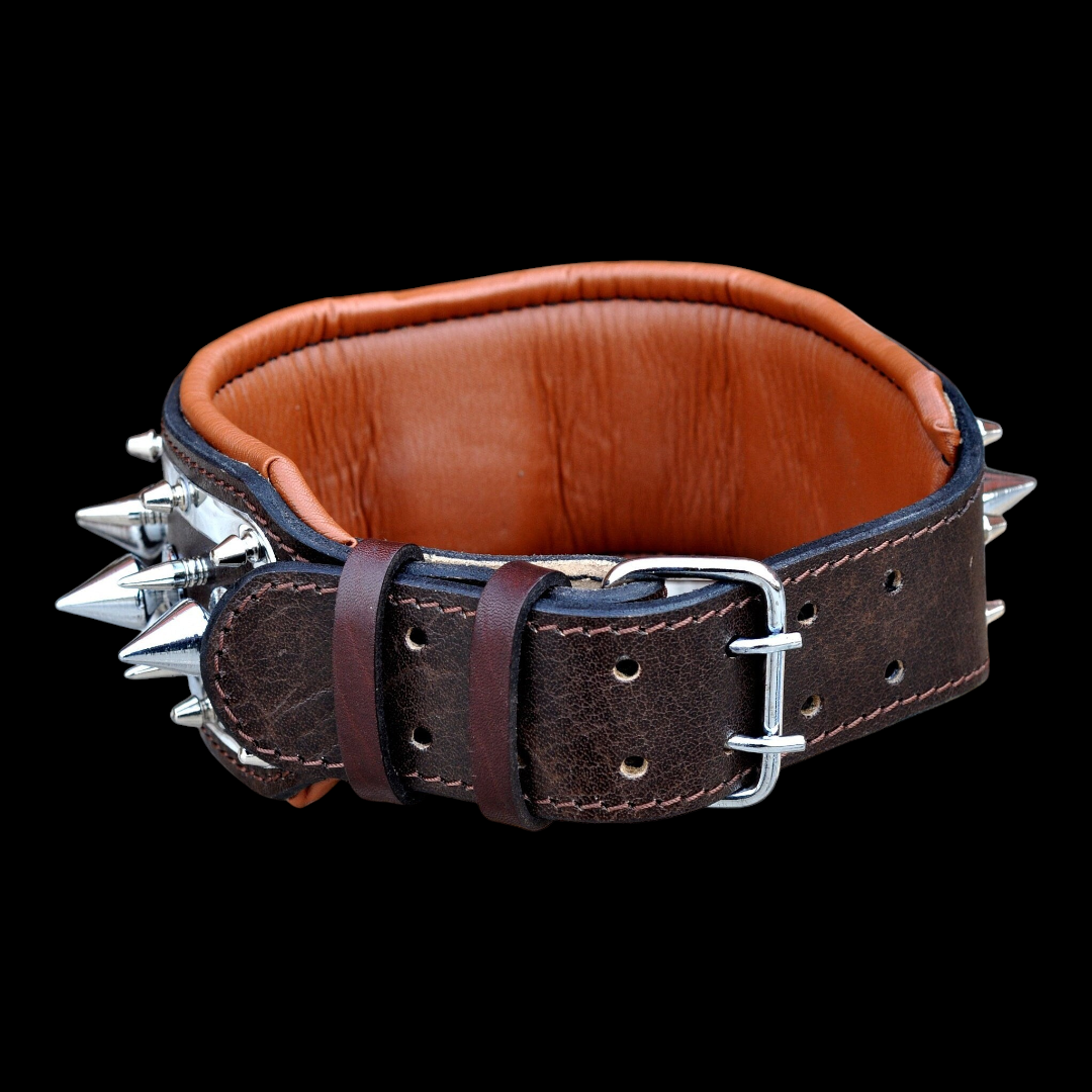 A&C Dog Collars el yapımı kahverengi manda derisi, çelik plakalı ve sivri uçlu büyük ırk köpek tasması