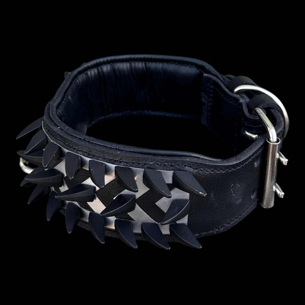 A&C Dog Collars marka, büyük ırk köpekler için siyah deri, piramit çivili ve metal plakalı el yapımı köpek tasması.