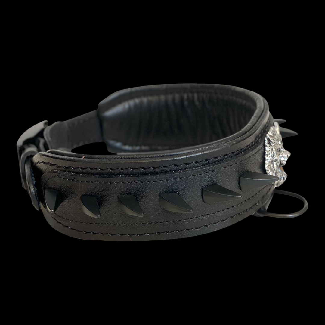 A&C Dog Collars el yapımı siyah deri köpek tasması, kurt figürlü ve siyah çivili detaylı, 5 cm genişliğinde.