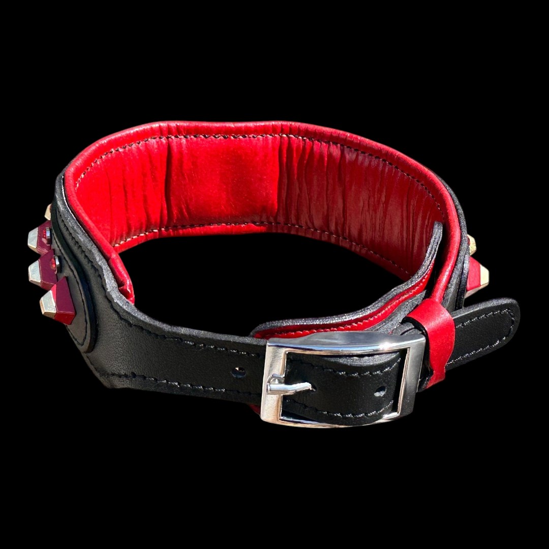 Handmade red buffalo leather dog collar with crystal stones for large breeds, featuring sturdy craftsmanship and decorative accents.