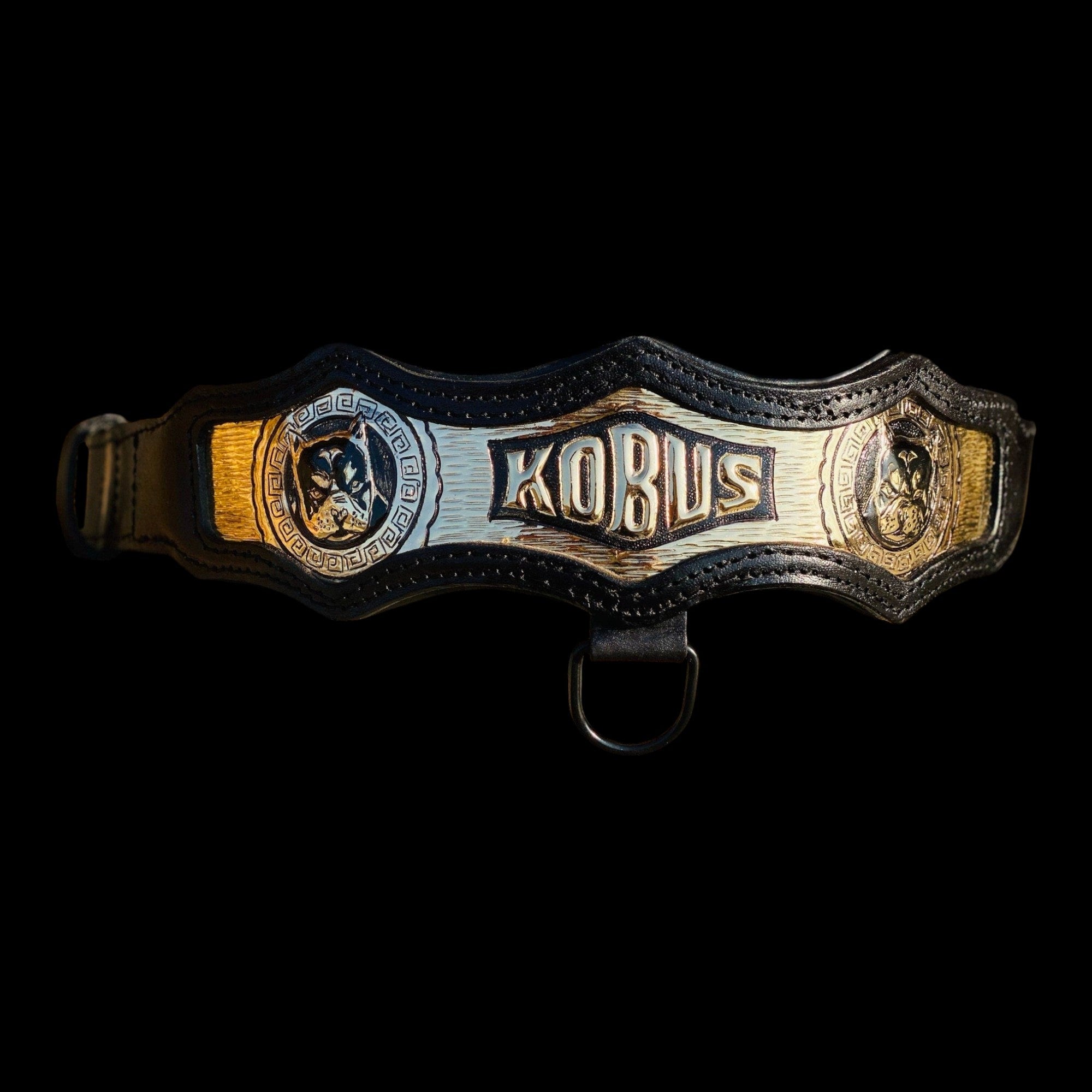Custom leather dog collar by A&C Dog Collars with copper inlay, personalized name, and mythic design on brown leather.