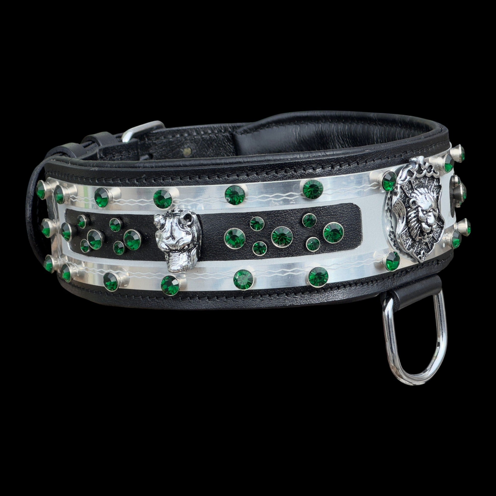 Handmade leather dog collar with silver, brass, and crystal accents, personalized engraved pet collar by A&C Dog Collars
