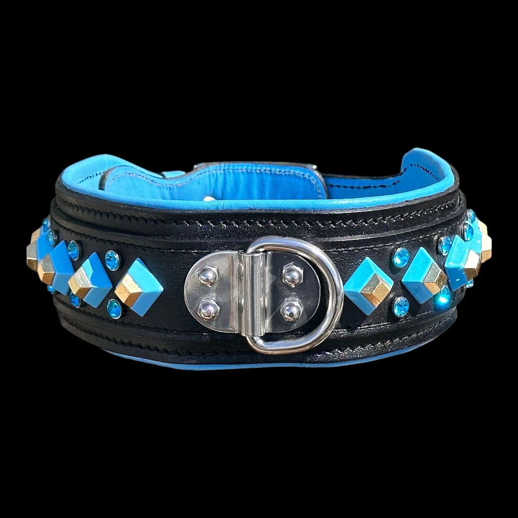 Blue crystal leather dog collar by A&C Dog Collars, handmade personalized dog collar with sparkling crystals and adjustable leather strap.