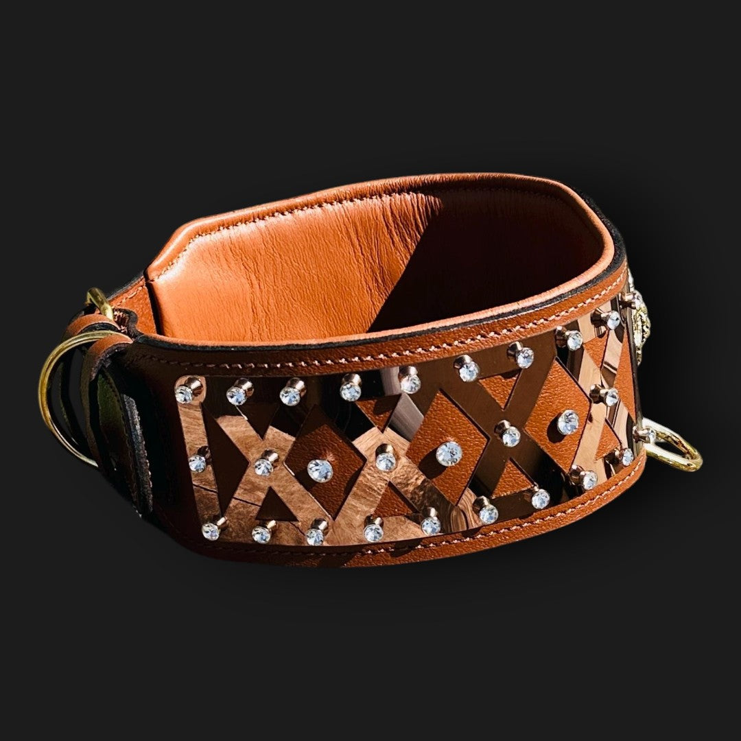 Handmade leather dog collar by A&C Dog Collars featuring bronze steel accents and crystal embellishments, displayed on a dog.