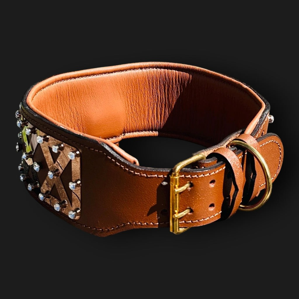 Handmade luxury leather dog collar by A&C Dog Collars featuring bronze steel accents and sparkling crystal details.