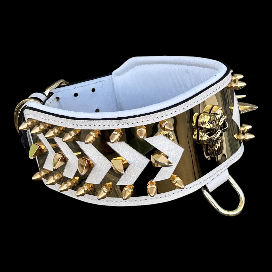 White buffalo leather spiked dog collar with gold Punisher emblem, handmade luxury accessory for stylish dogs.
