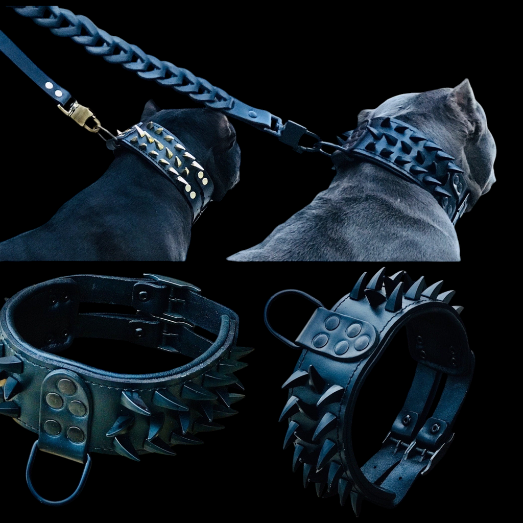 Handmade buffalo leather dog collar with custom engraved metal name plate, featuring sturdy craftsmanship and adjustable fit.