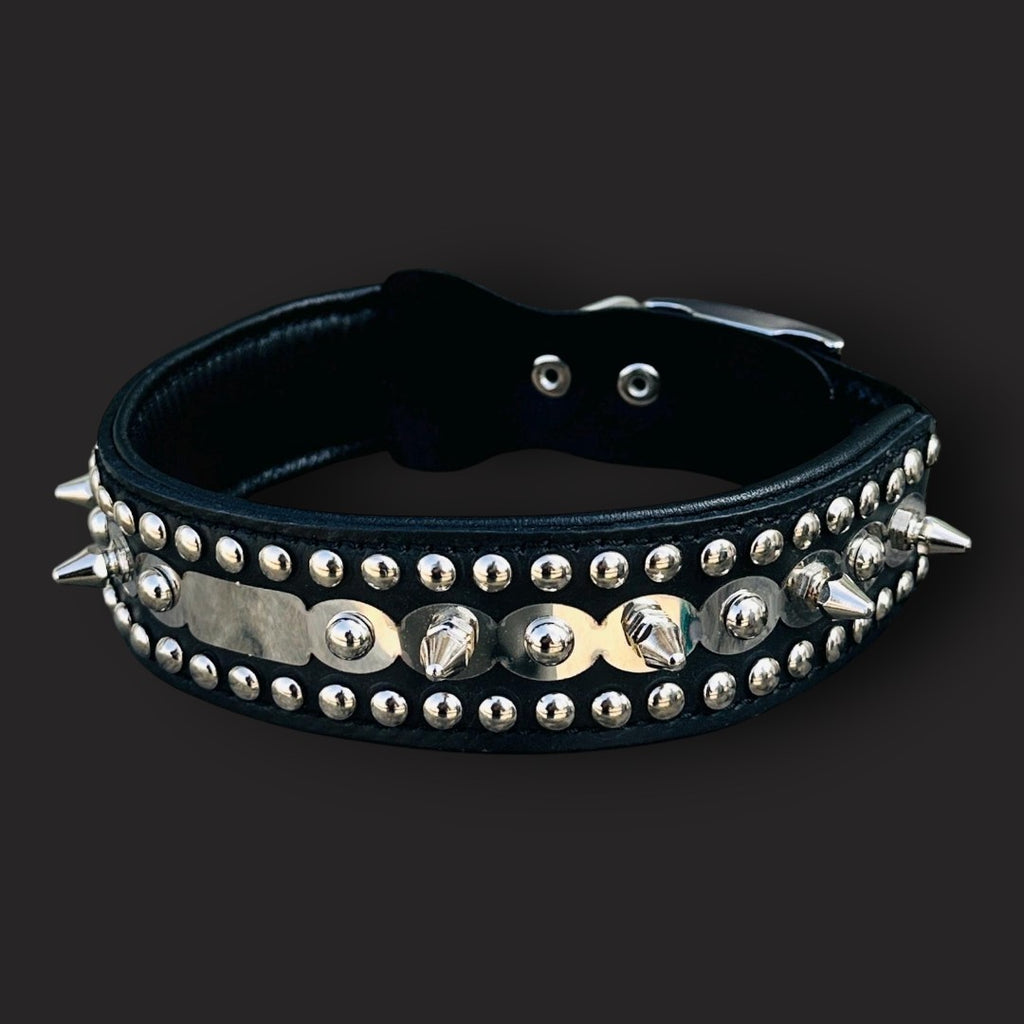 Handmade spiked leather dog collar from A&C Dog Collars with custom laser-engraved name for medium breed dogs.