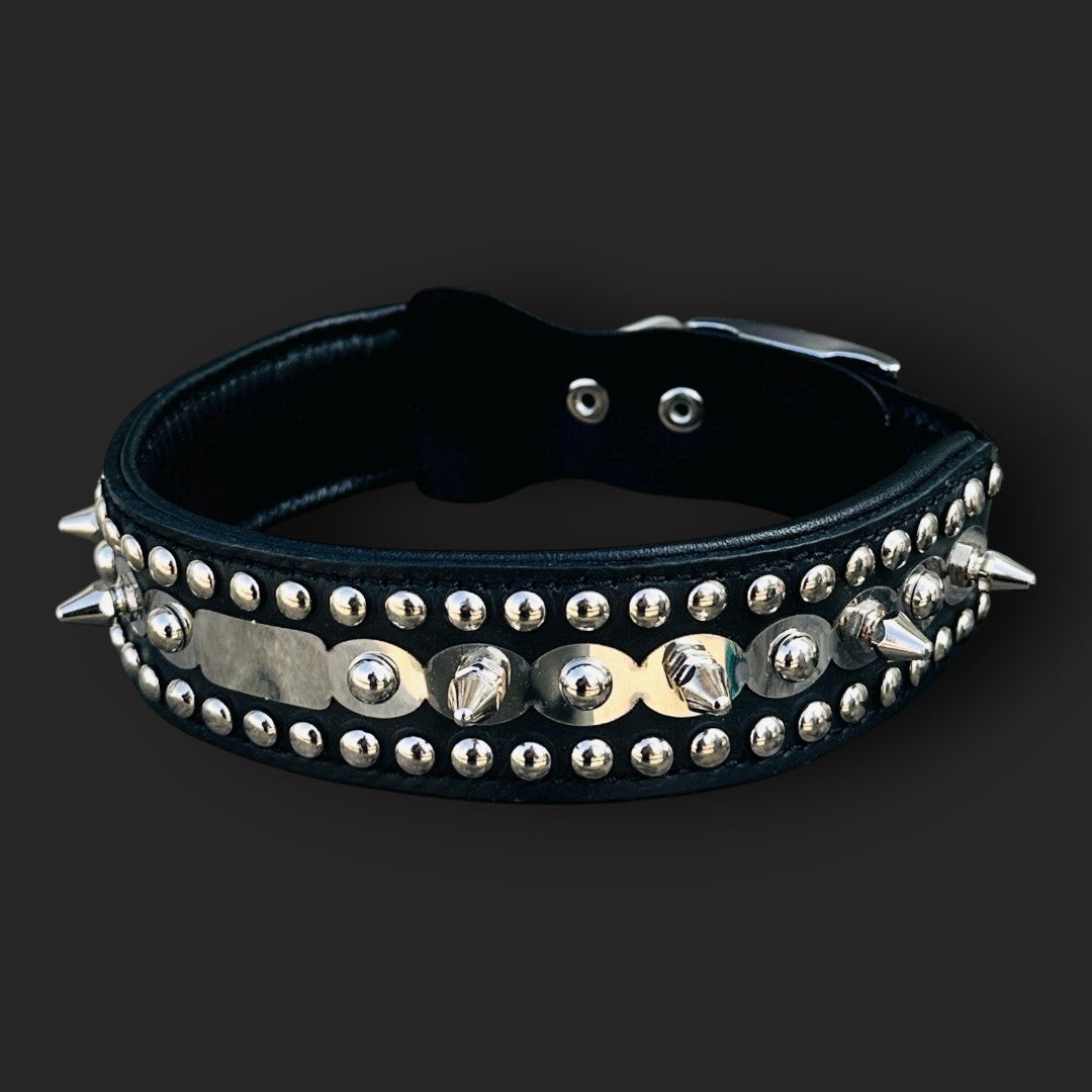 Handmade spiked leather dog collar from A&C Dog Collars with custom laser-engraved name for medium breed dogs.