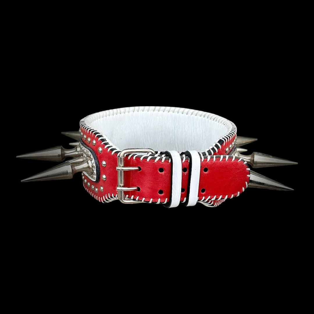 Handmade buffalo leather spiked dog collar by A&C Dog Collars, heavy-duty large breed thick leather with metal spikes.