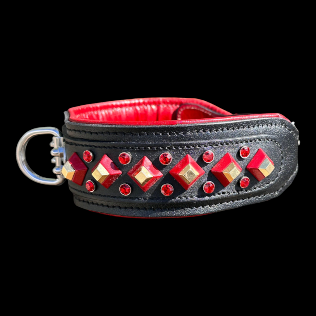 Handmade red buffalo leather dog collar with crystal stones for large breeds, crafted by A&C Dog Collars.