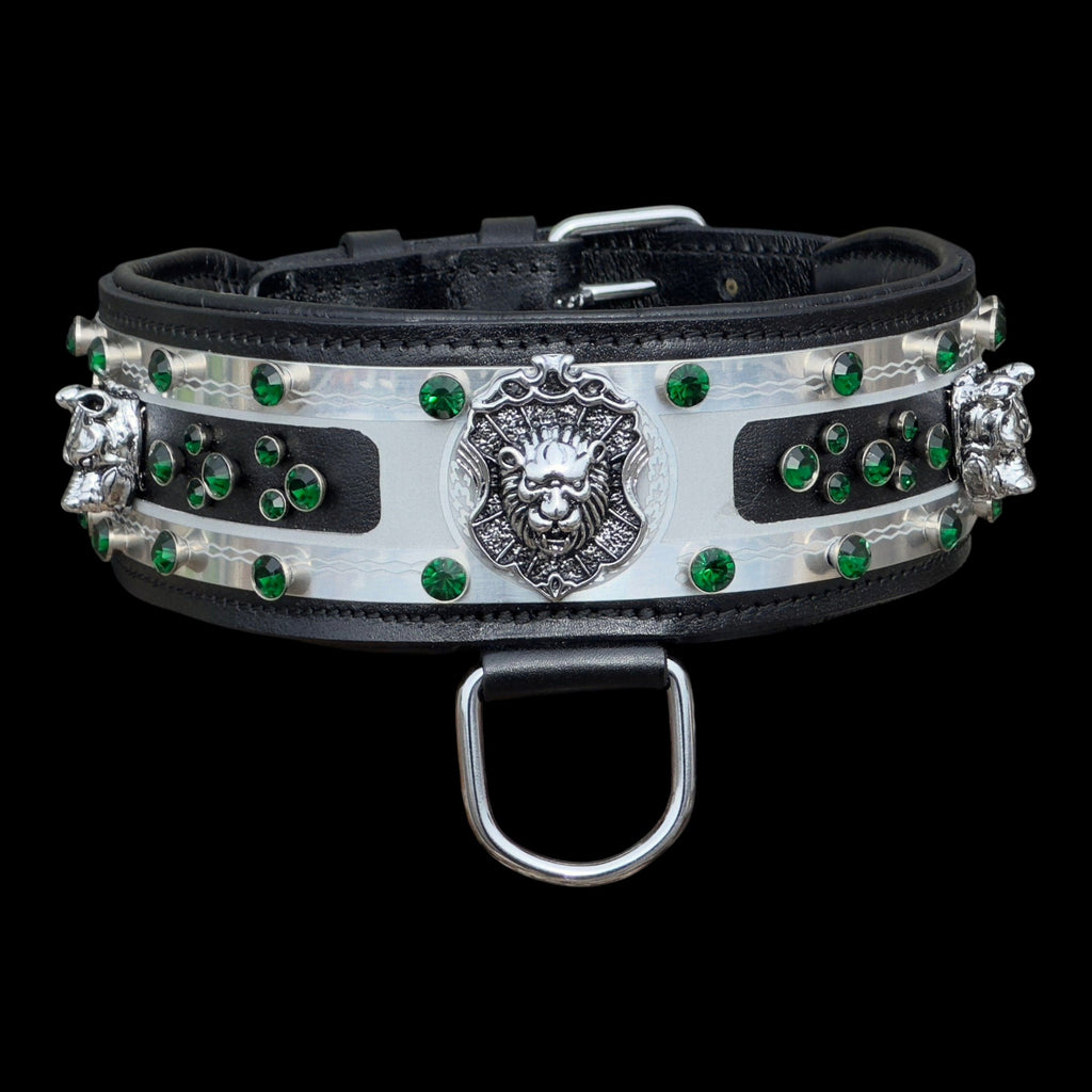 Handmade leather dog collar with silver, brass, and crystal accents, personalized engraved pet collar by A&C Dog Collars.