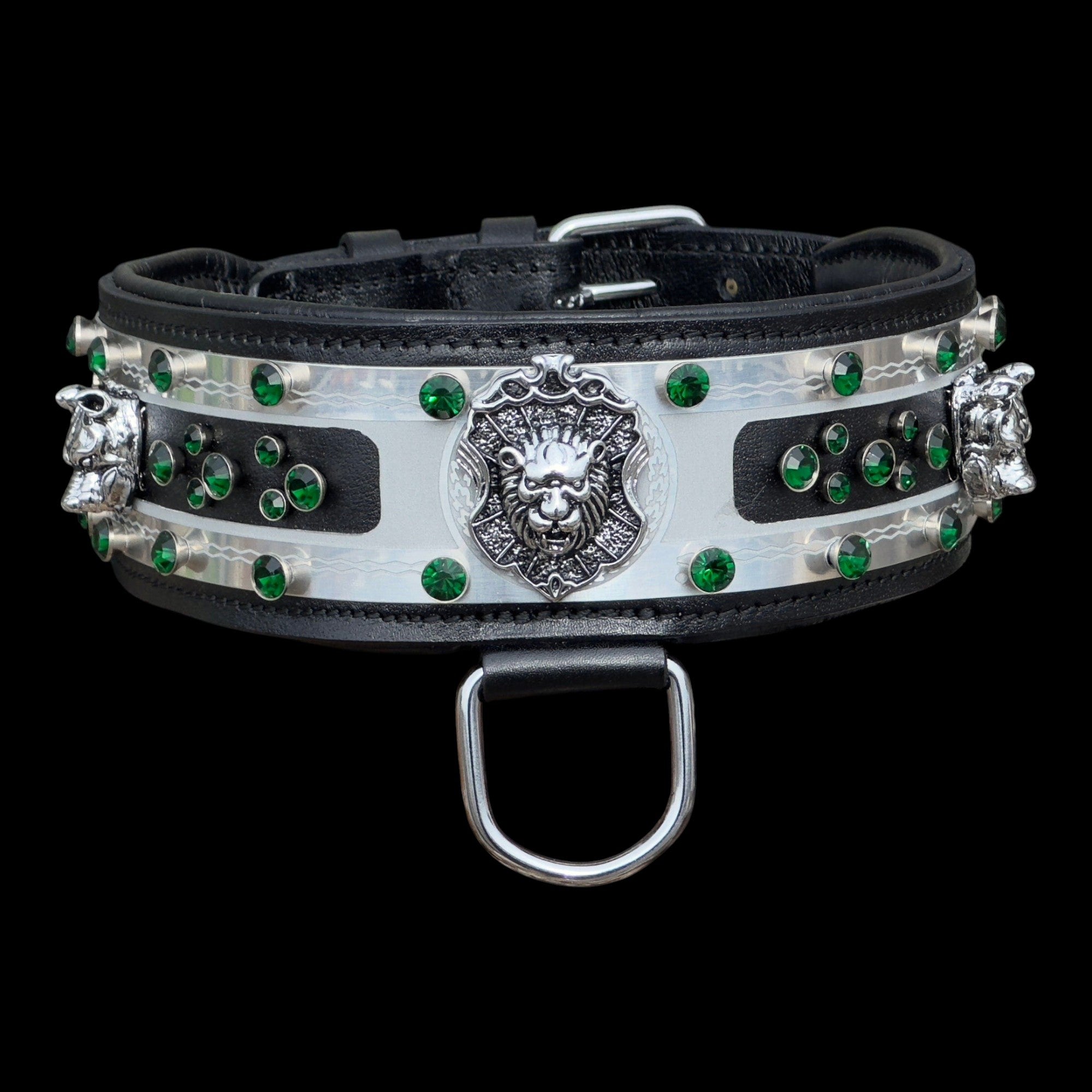 Handmade leather dog collar with silver, brass, and crystal accents, personalized engraved pet collar by A&C Dog Collars.