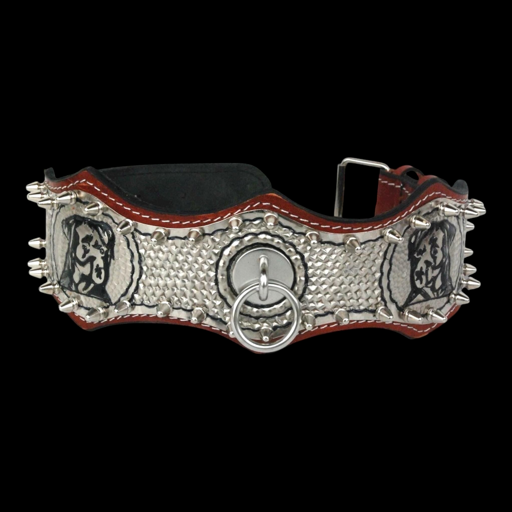 A&C Dog Collars marka, büyük ırk köpekler için özel tasarım, çivili ve gümüş detaylı el yapımı deri köpek tasması.