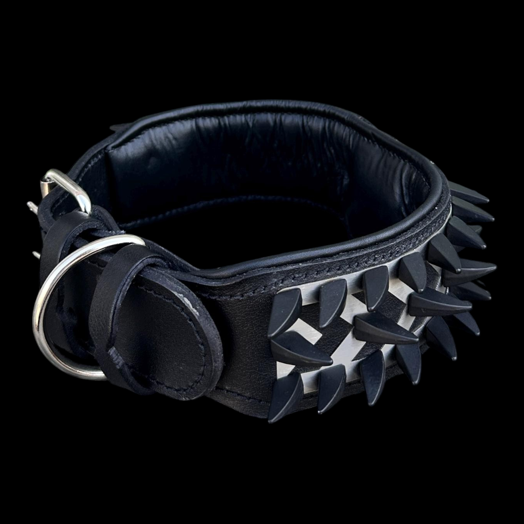 A&C Dog Collars el yapımı siyah deri köpek tasması, metal çivili ve aslan figürlü paslanmaz çelik plakalı