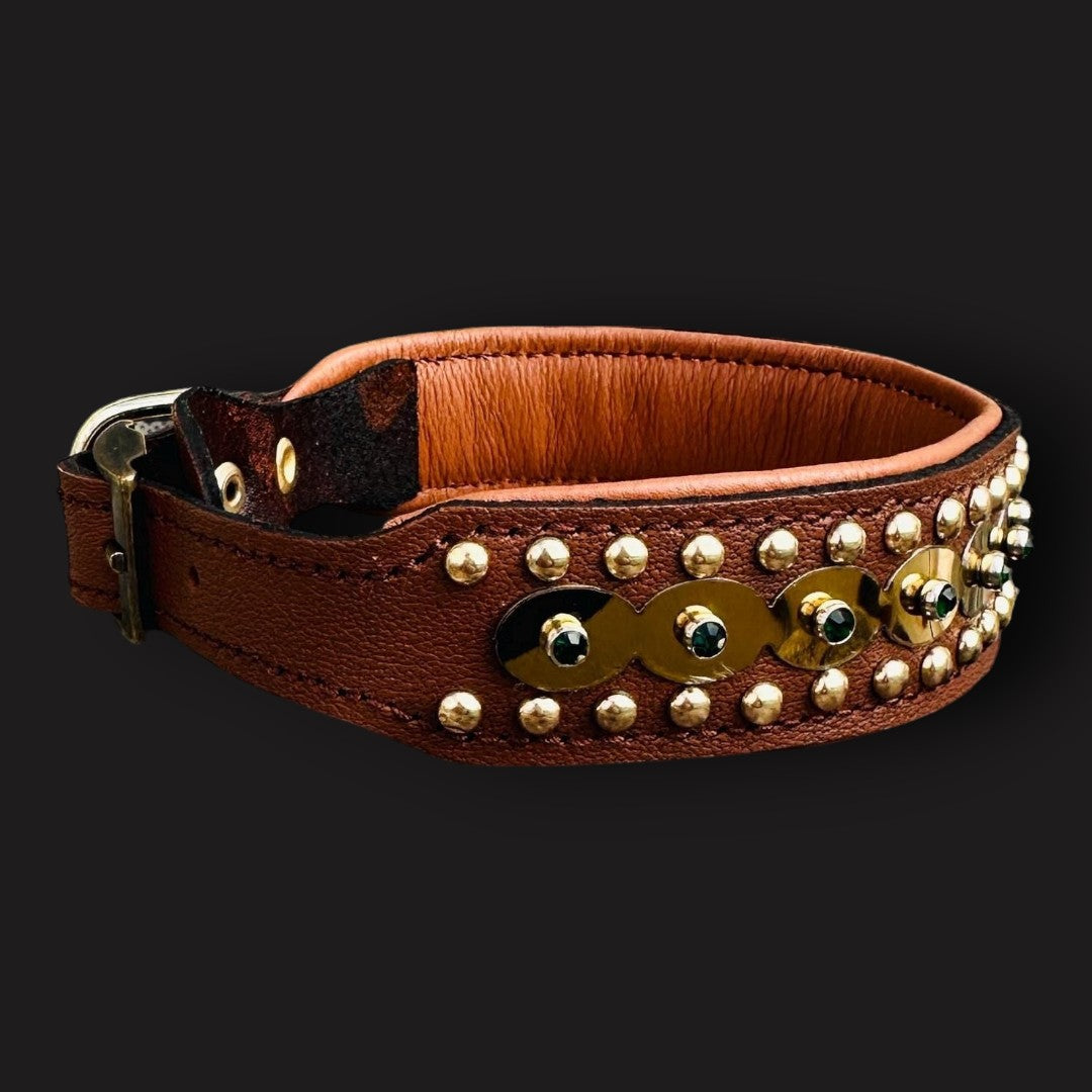 Handmade tan leather dog collar with gold plate, crystal accents, and customizable laser-engraved name from A&C Dog Collars.