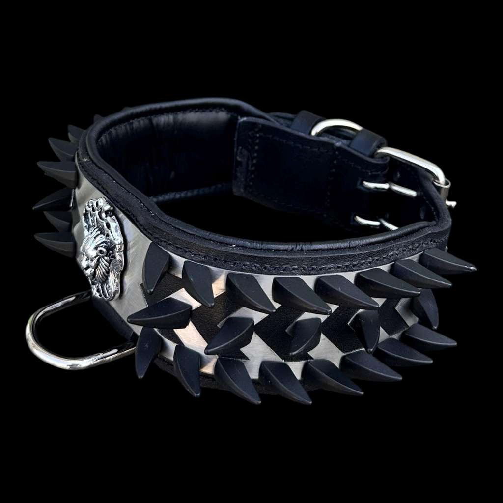 A&C Dog Collars el yapımı siyah deri köpek tasması, aslan figürlü çelik plaka ve sivri metal çivili tasarım.