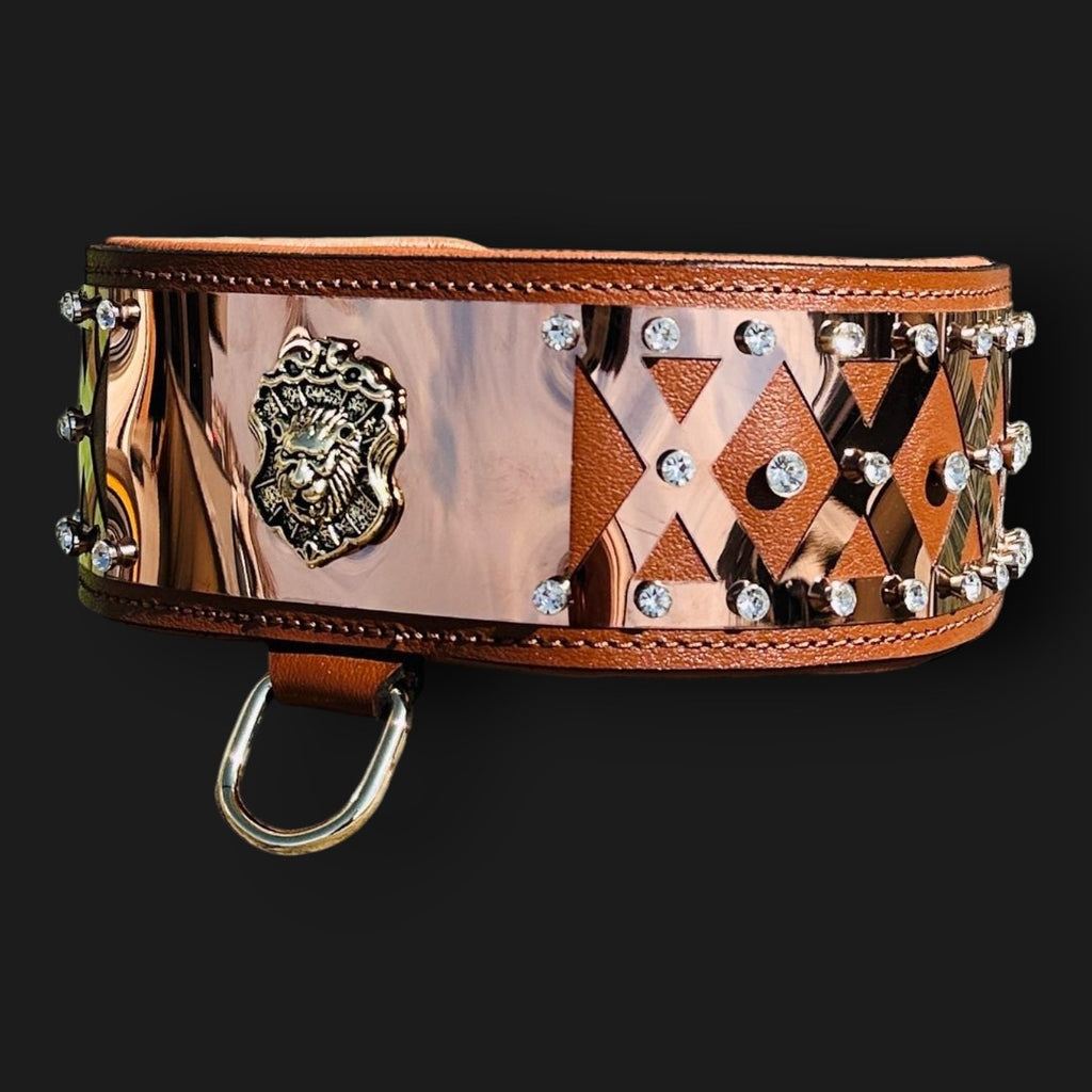 Handmade luxury leather dog collar with bronze steel accents and crystal embellishments, featuring sturdy construction and elegant design.