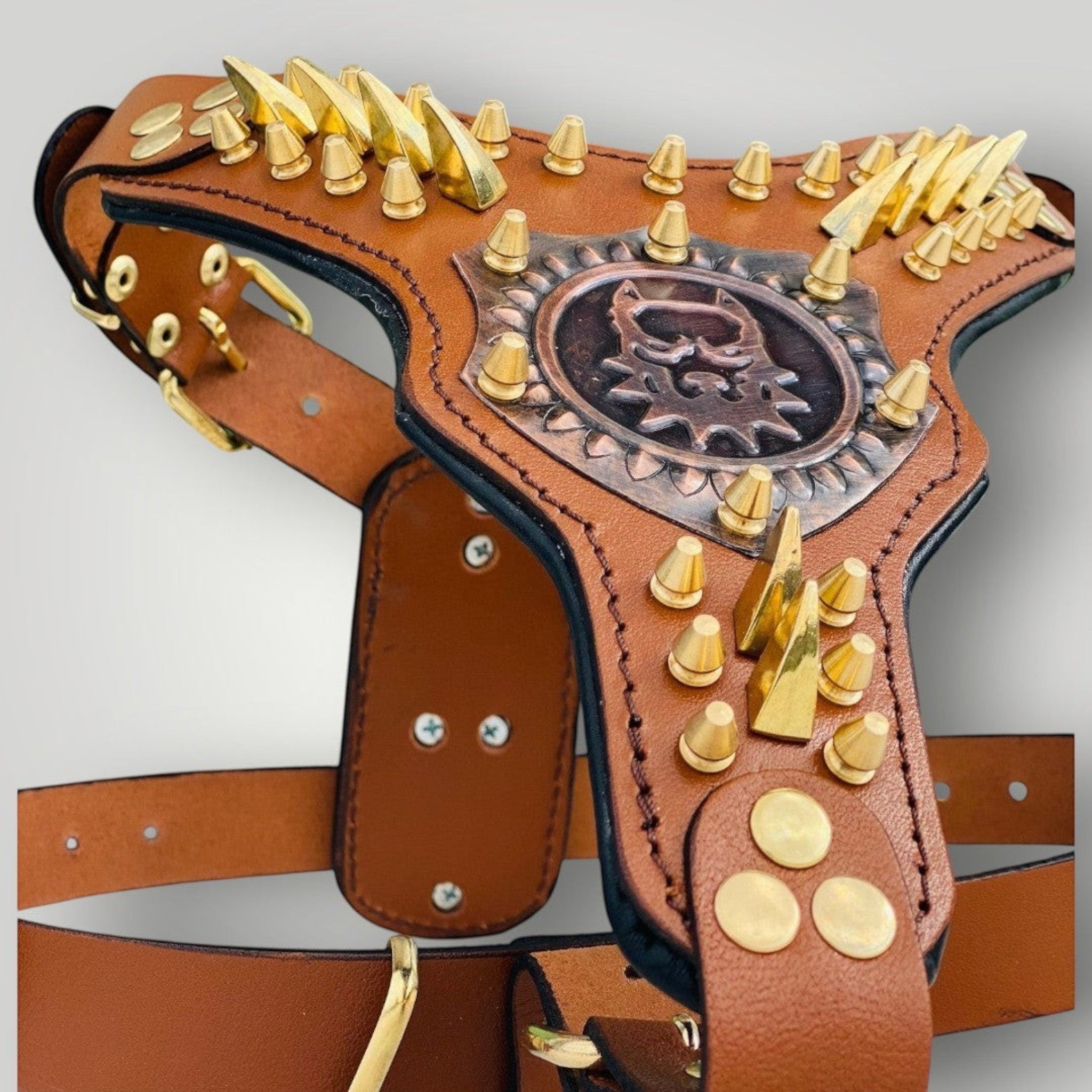 Handmade leather dog harness and personalized buffalo leather collar from A&C Dog Collars, featuring sturdy craftsmanship and adjustable fit.