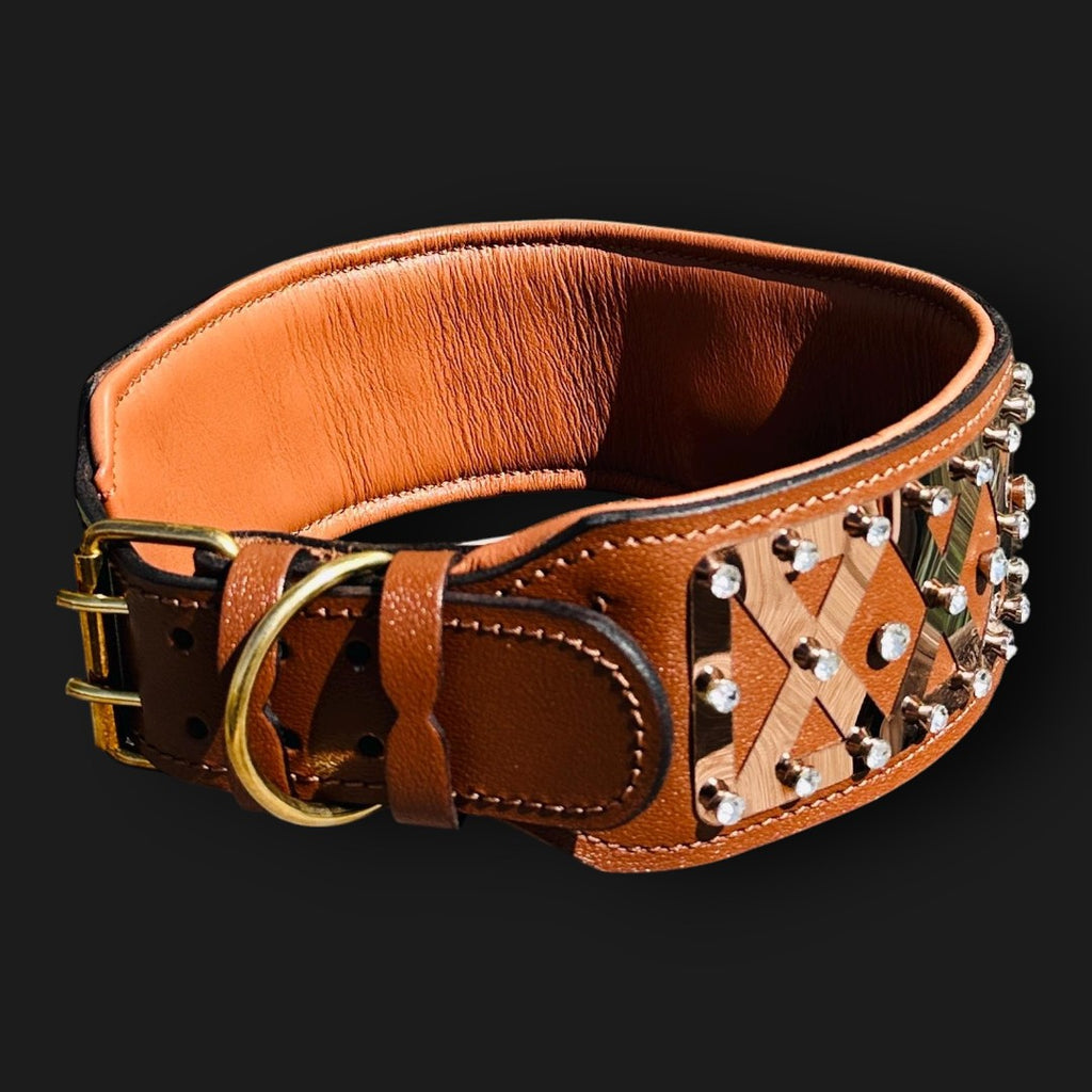 Handmade luxury leather dog collar with bronze steel accents and crystal details, featuring a sturdy buckle and elegant design.