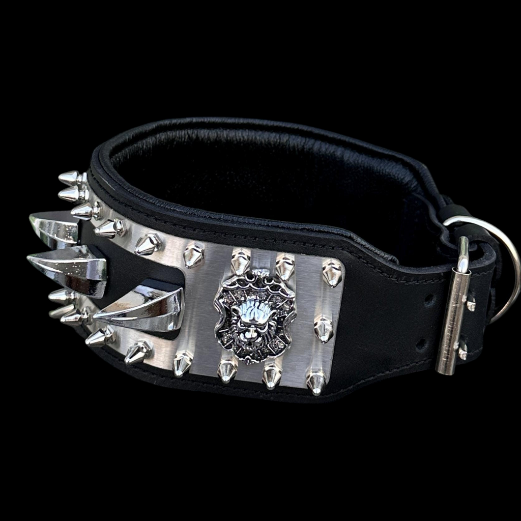 A&C Dog Collars el yapımı siyah deri köpek tasması, aslan figürlü paslanmaz çelik plaka ve metal çivili detaylara sahip.