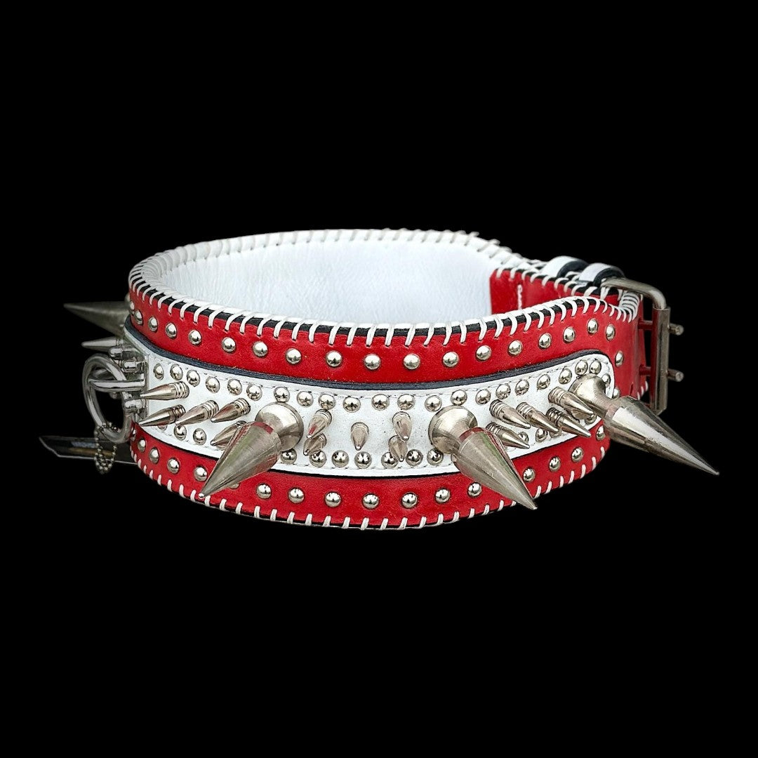Handmade A&C Dog Collars thick buffalo leather spiked dog collar for large breeds, heavy-duty and durable with metal spikes.