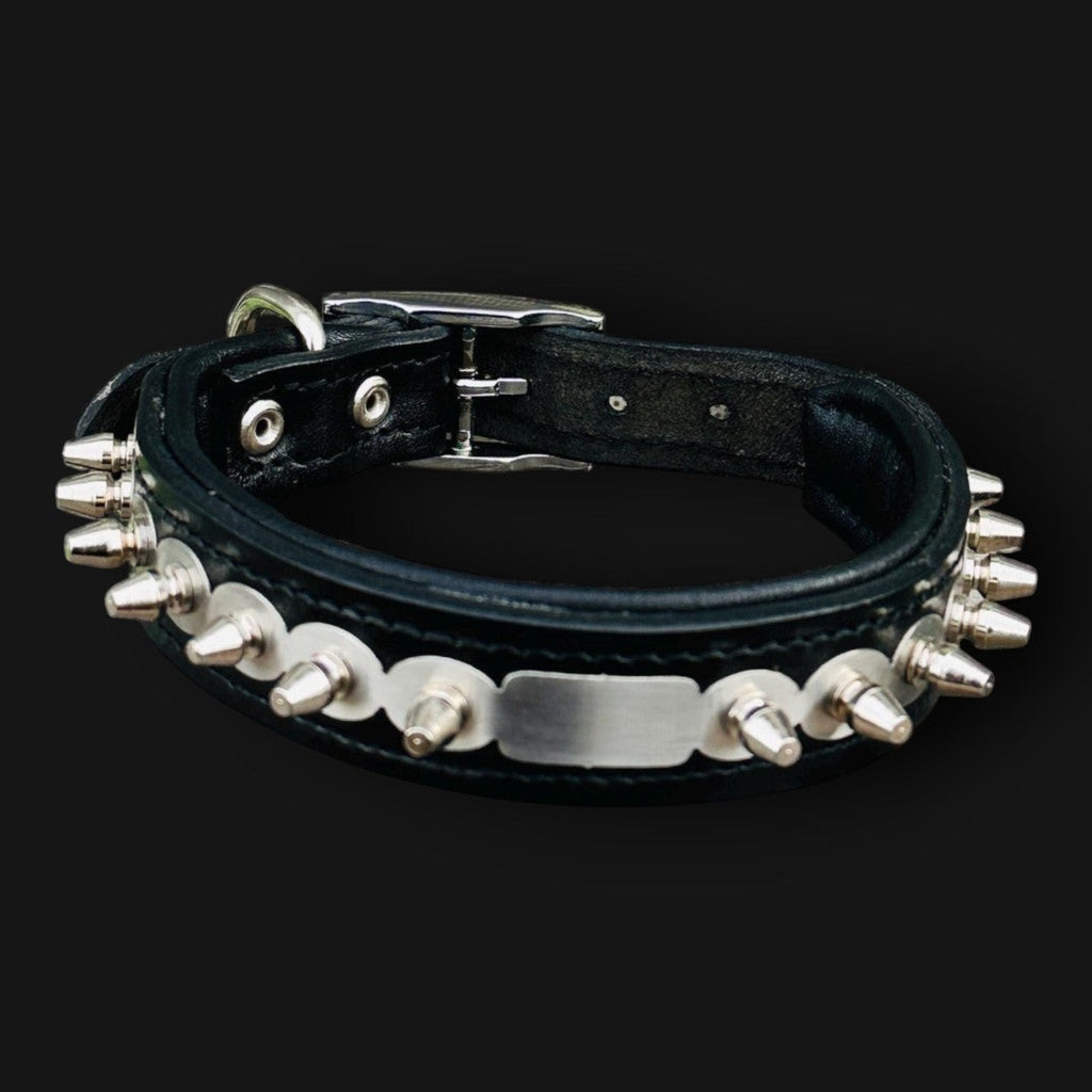 Personalized leather dog collar with engraved custom name tag, handmade by A&C Dog Collars, featuring a brown leather strap and metal buckle.
