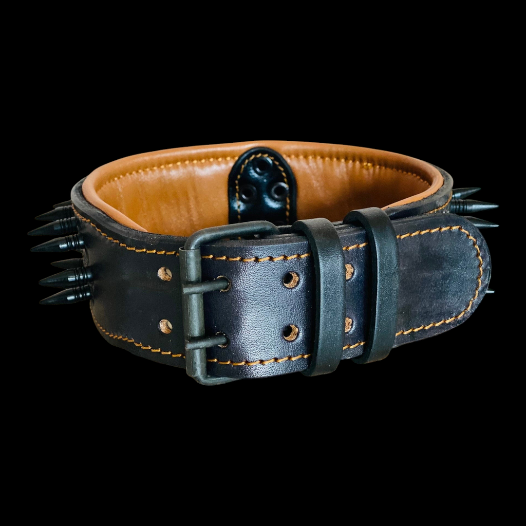 A handmade personalized leather dog collar with spikes and custom name tag, designed for large breed dogs by A&C Dog Collars.