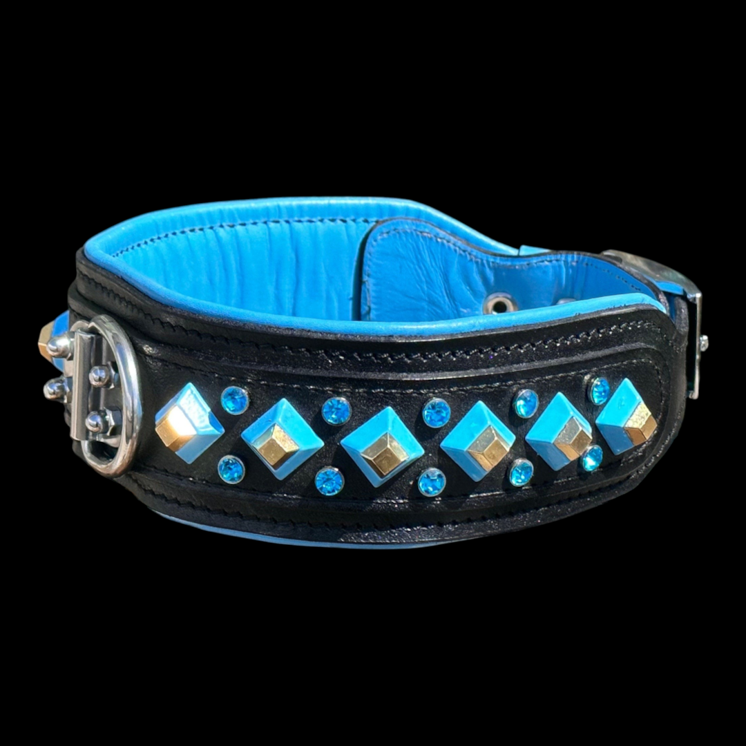 Blue crystal leather dog collar by A&C Dog Collars, handmade personalized pet accessory with crystal accents and adjustable leather strap.