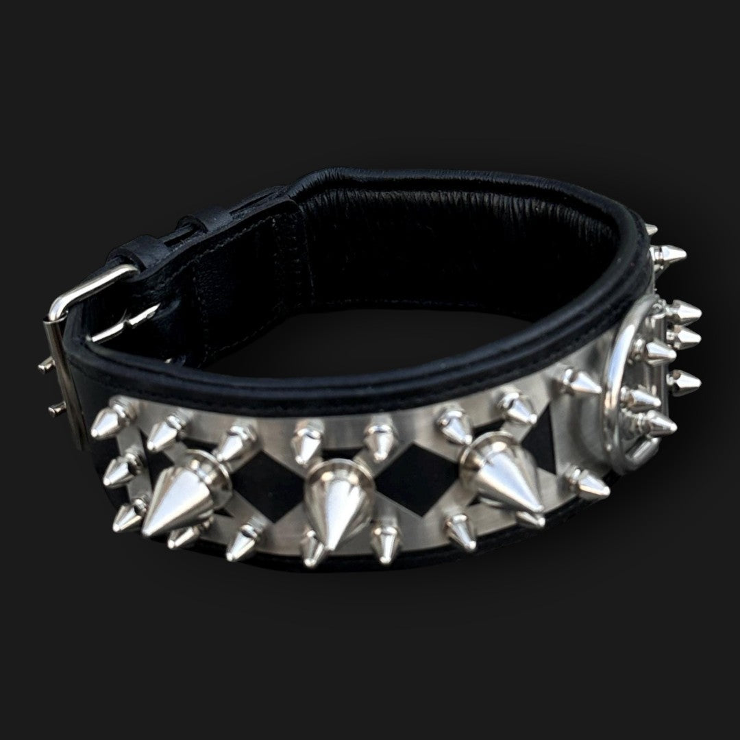 Handmade spiked leather dog collar by A&C Dog Collars with a custom engraved metal name plate and adjustable buckle.