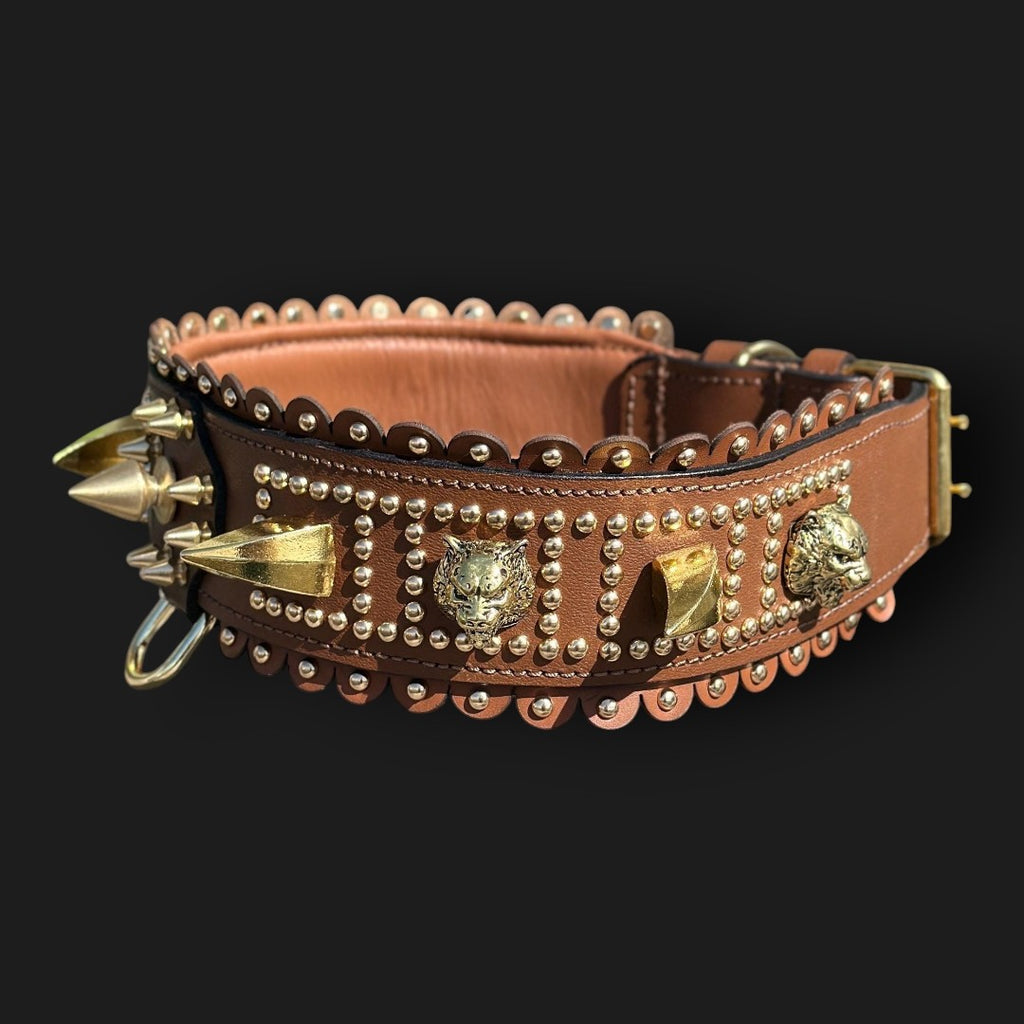 Handmade tan leather wide dog collar with lion emblem from A&C Dog Collars featuring sturdy leather and detailed design.