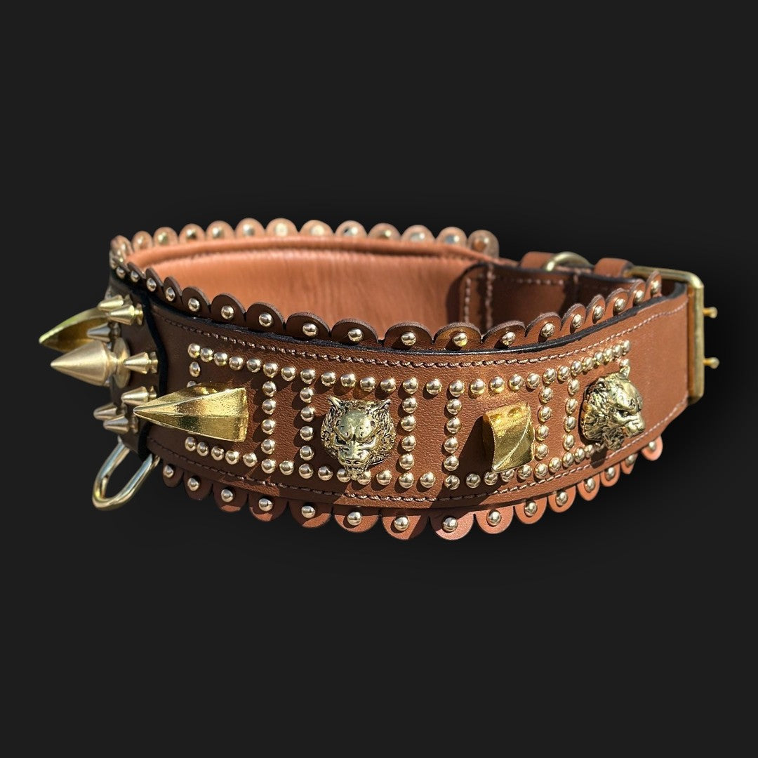 Handmade tan leather wide dog collar with lion emblem from A&C Dog Collars featuring sturdy leather and detailed design.