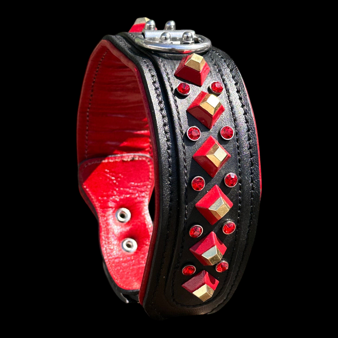 Handmade red buffalo leather dog collar with crystal stones for large breeds, featuring sturdy craftsmanship and stylish design.