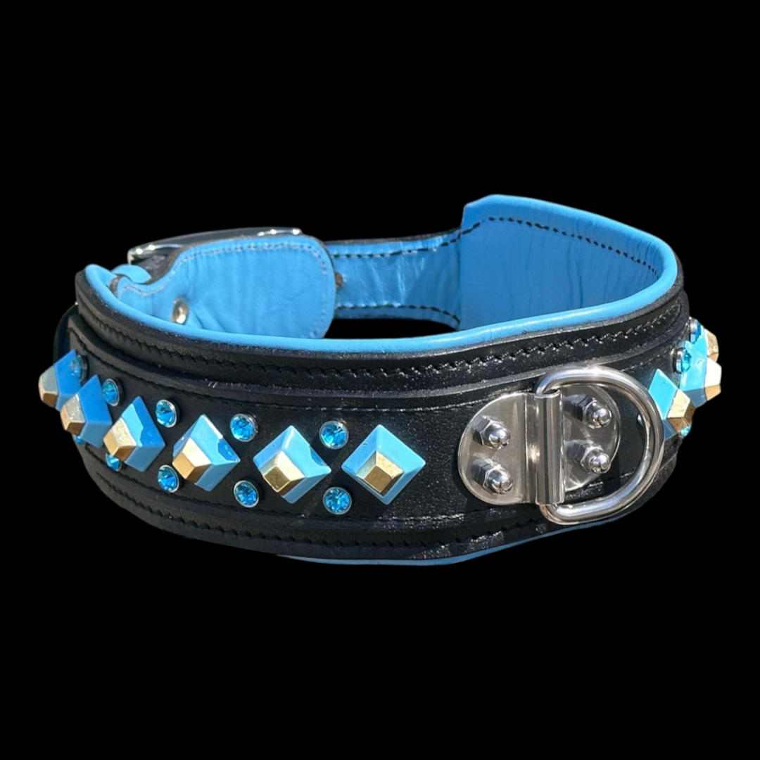 Blue crystal leather dog collar by A&C Dog Collars, handmade personalized pet collar with sparkling crystal accents.
