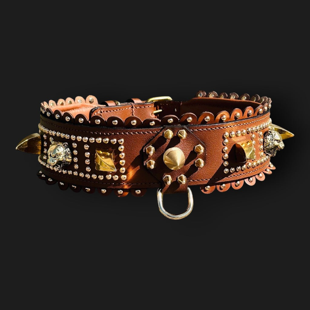 Handmade tan leather wide dog collar with lion emblem from A&C Dog Collars, showcasing sturdy leather and detailed lion design.