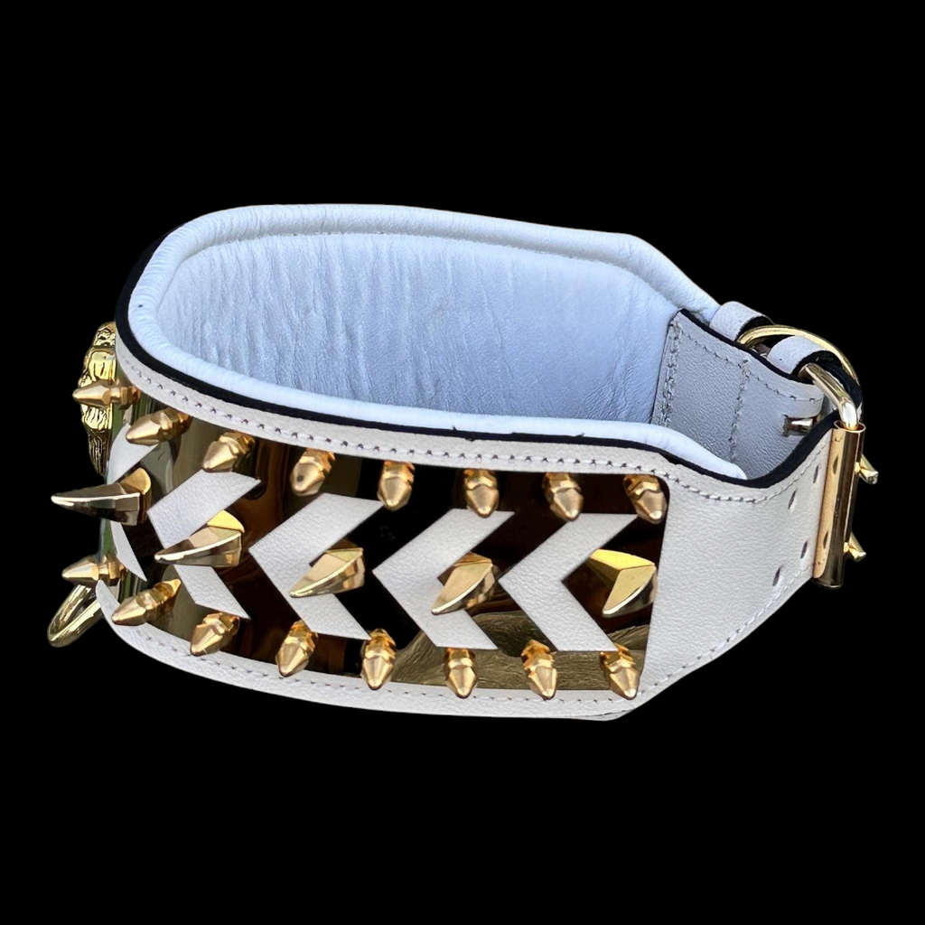 White buffalo leather spiked dog collar with gold Punisher emblem, handmade luxury design, stylish and durable for large dogs.