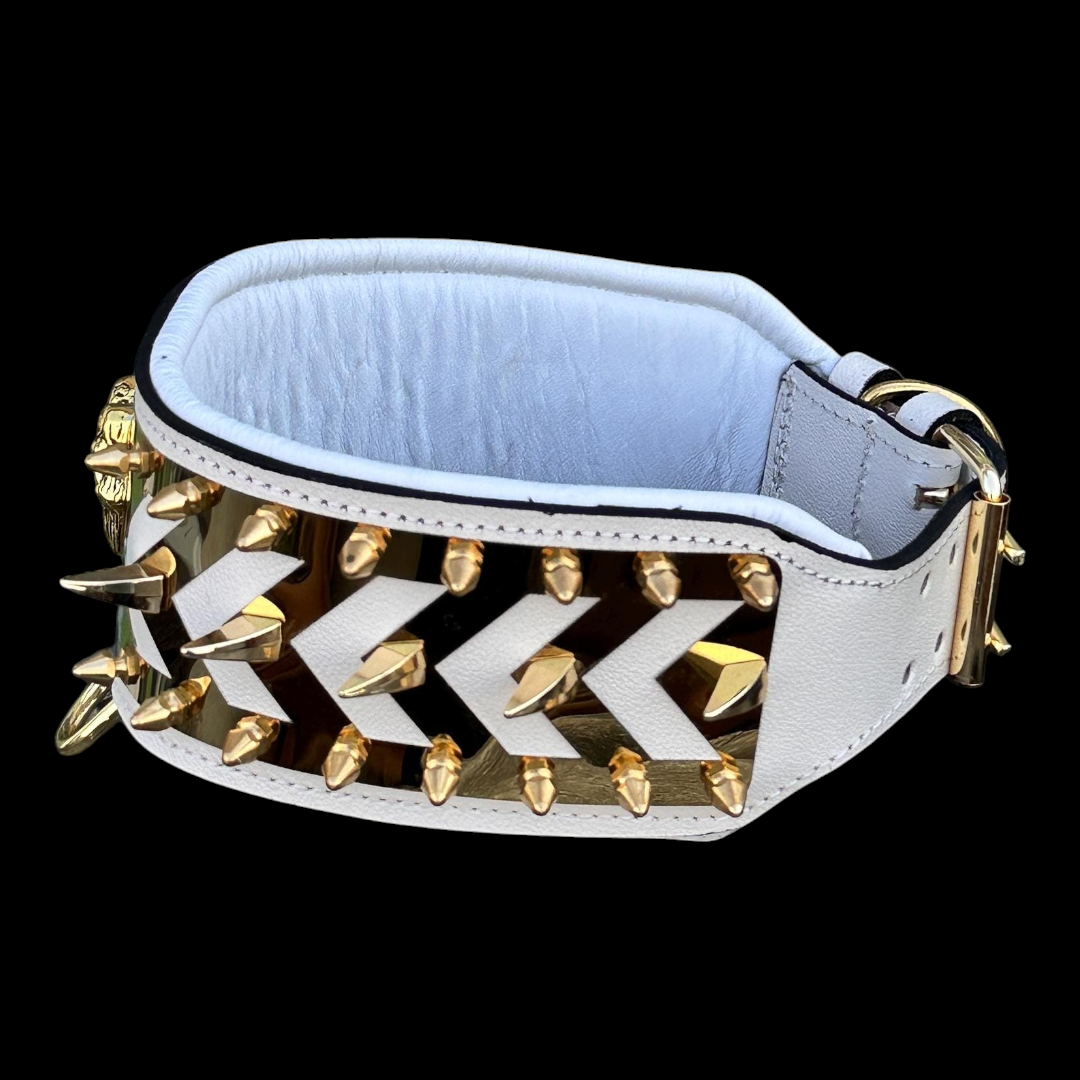 White buffalo leather spiked dog collar with gold Punisher emblem, handmade luxury design, stylish and durable for large dogs.