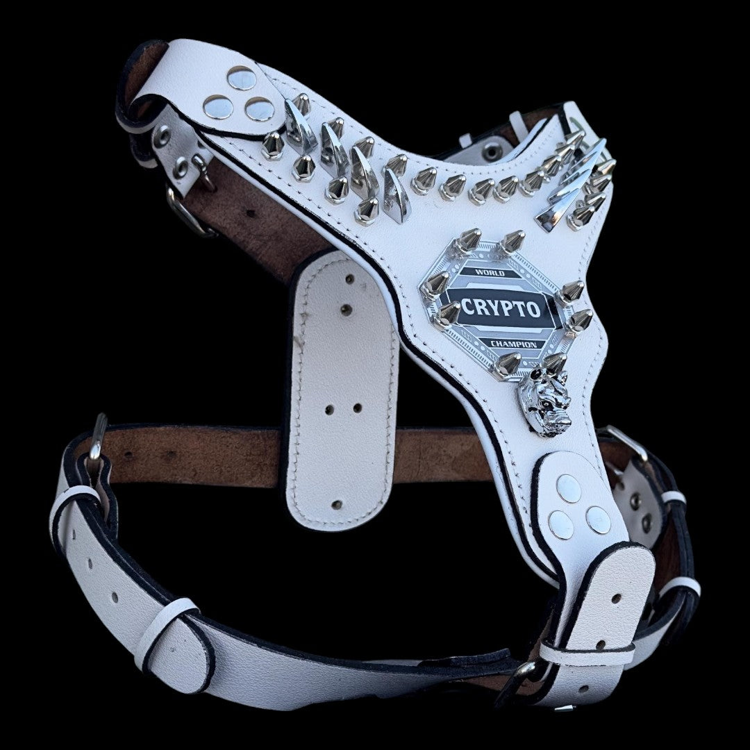 Handmade White Buffalo Leather Dog Harness Set: Custom Name Plate, Large Breed - A&C Dog Collars