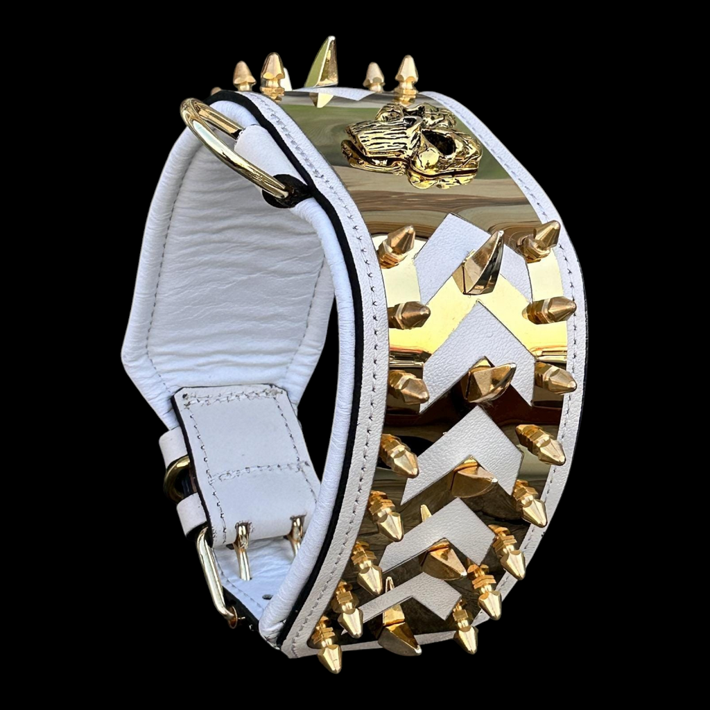 White buffalo leather spiked dog collar with gold Punisher emblem, handmade luxury design, featuring metal spikes and adjustable buckle.