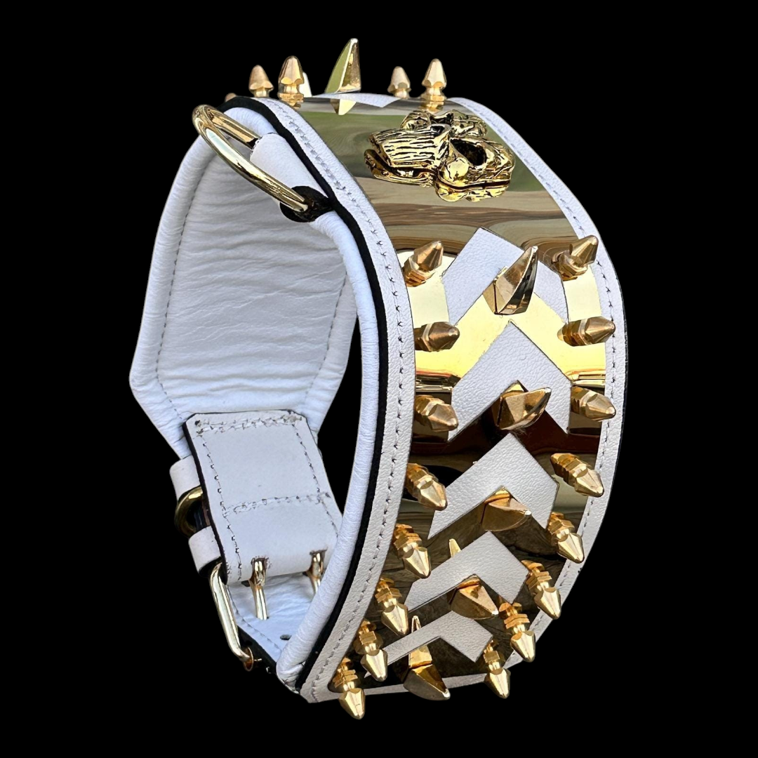 White buffalo leather spiked dog collar with gold Punisher emblem, handmade luxury design, featuring metal spikes and adjustable buckle.