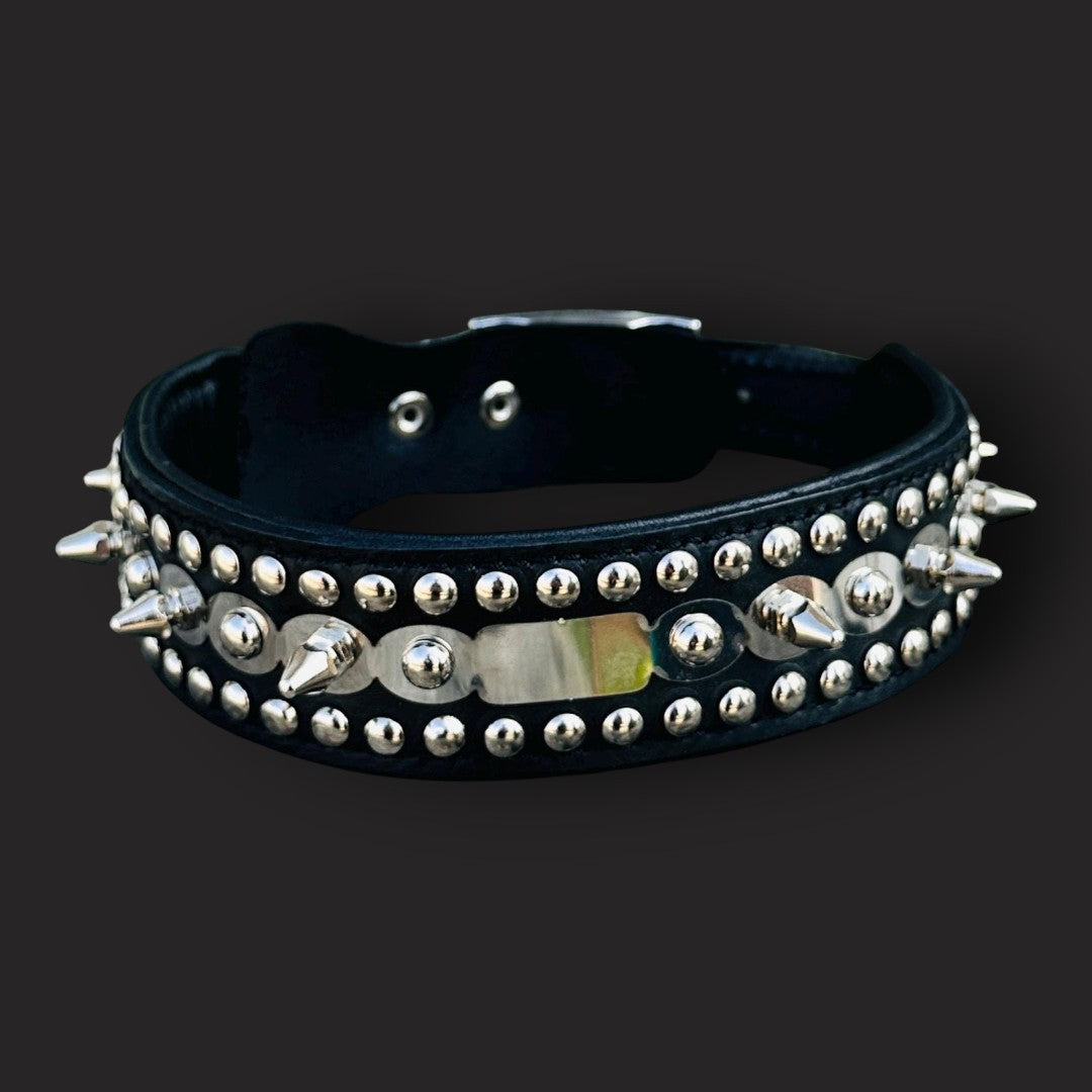 Handmade spiked leather dog collar with custom laser-engraved name for medium breed dogs by A&C Dog Collars.