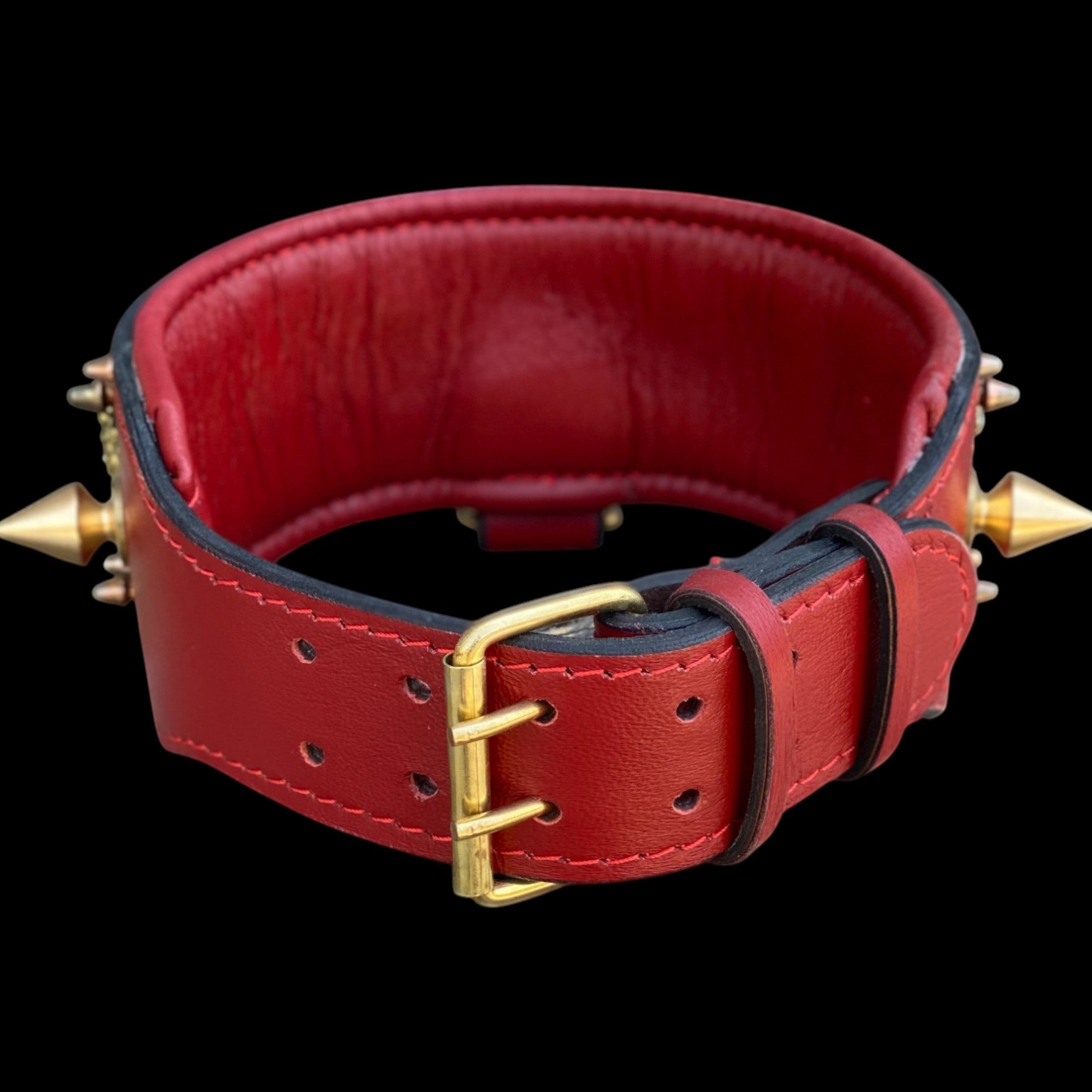 Handcrafted Red Leather Dog Collar – Lion Head Design with Gold Spikes, Wide Strong Collar for Cane Corso, Rottweiler, Doberman, Kangal, American Bully