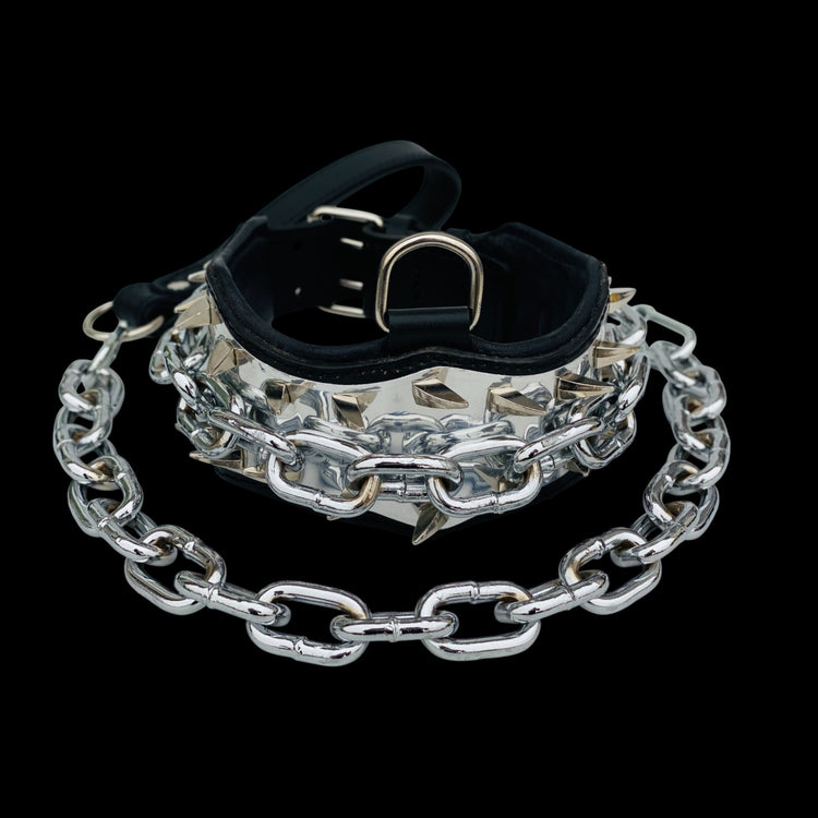 Close-up of steel chain and spike details on dog collar