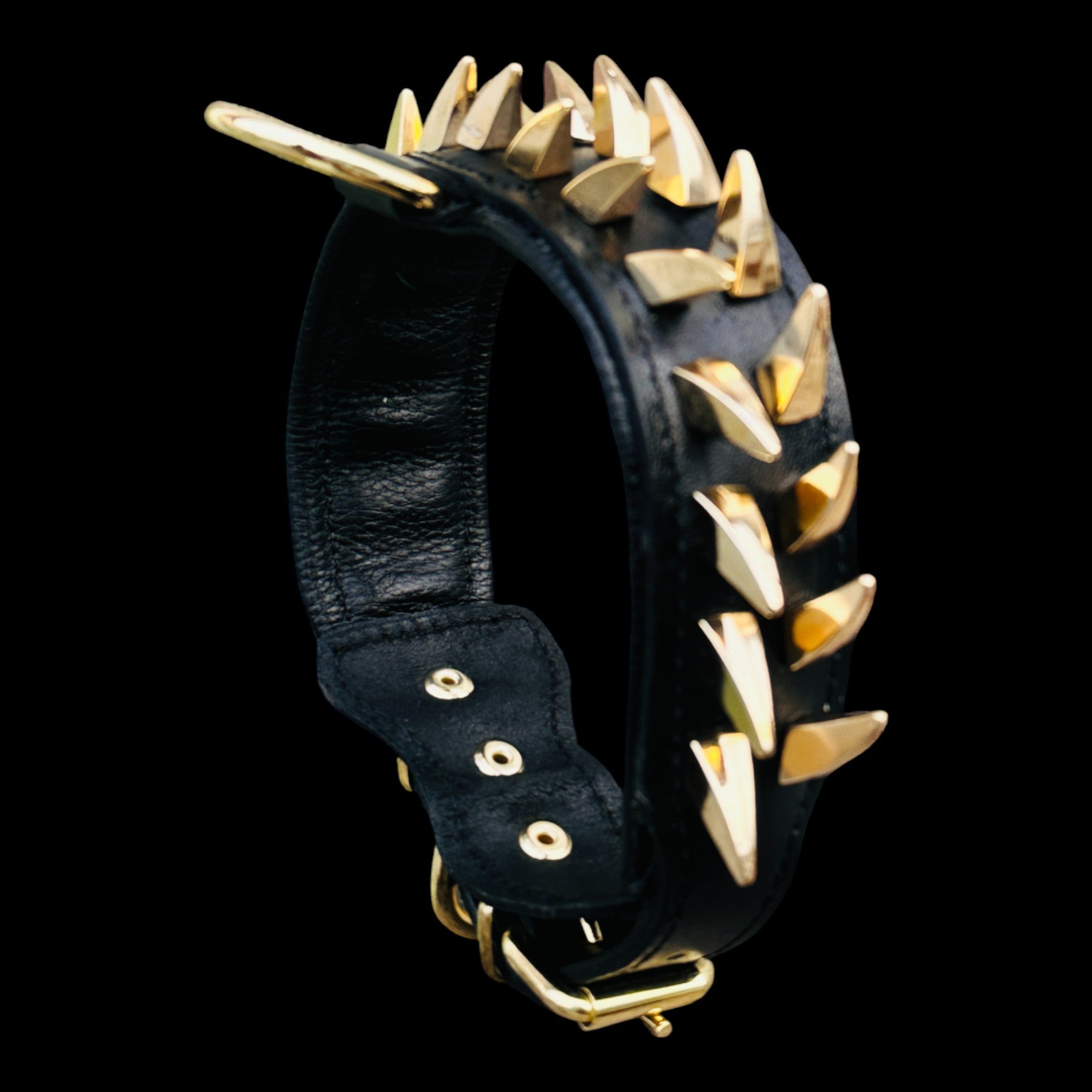 Handmade black leather collar with ivory gold spikes