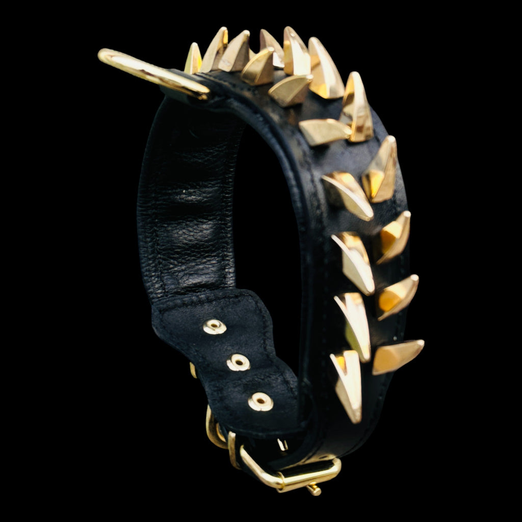 Handmade black leather collar with ivory gold spikes